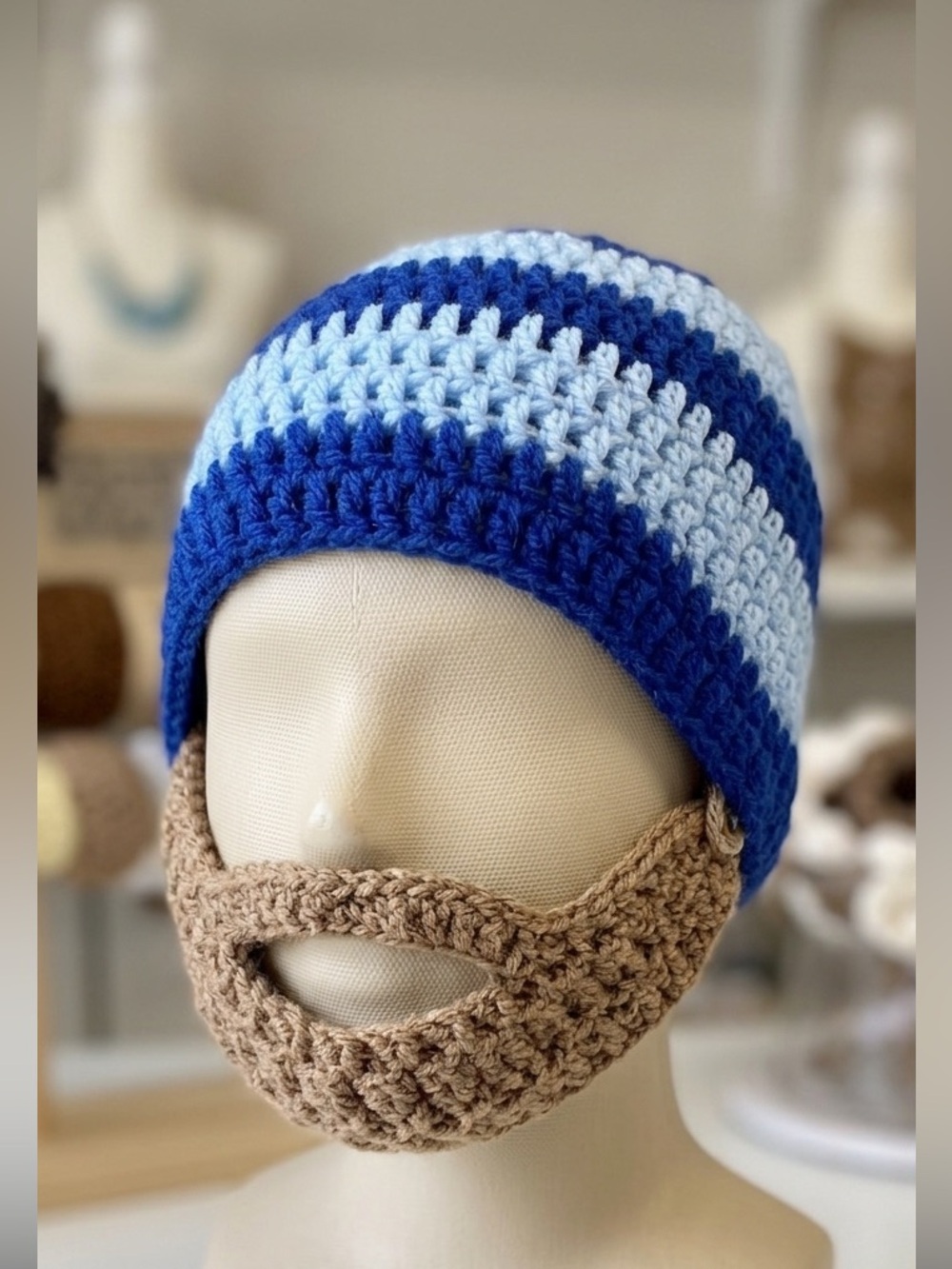 Crochet Blue Striped Kid’s winter hat with removable beard/mustache combo